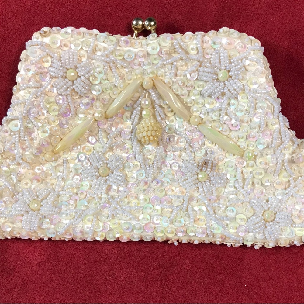 Cream Sequin Clutch with Silver Clasp
